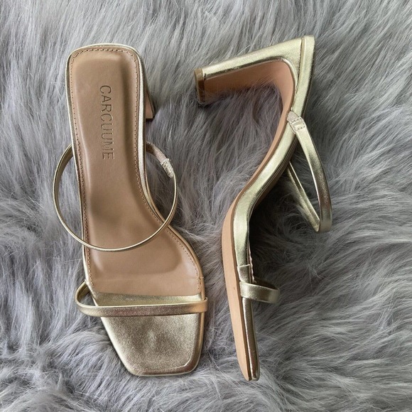 Carcuume Sz 8.5 Heels Square Toe Two Strap Open Block Sandals Slip On Metallic - Picture 1 of 10